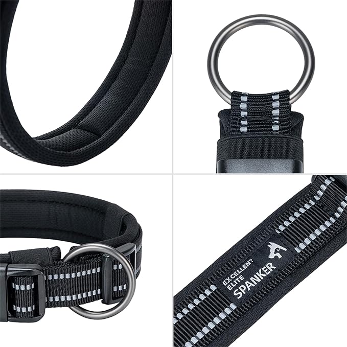 EXCELLENT ELITE SPANKER Reflective Dog Collar Classic Soft Padded Breathable Nylon Adjustable Pet Collar with Quick Release Buckle for Boy Girl Male Female Small Medium Large Dogs Training(Black-XL)