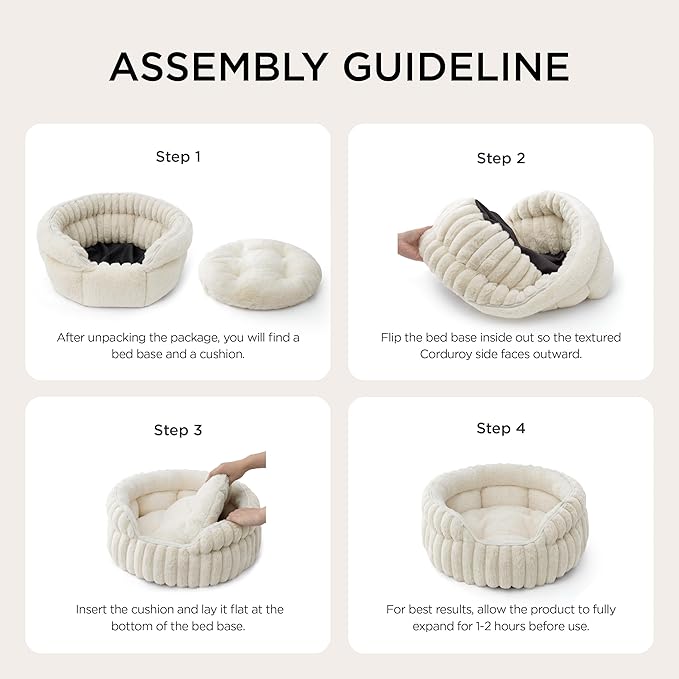 Bedsure ComfyFleece™ Small Cat Bed, Washable Round Cute Pet Beds for Indoor Cats, Super Soft Corduroy Kitten Bed with Anti-Slip Bottom, 20''x20''x8'', Cream