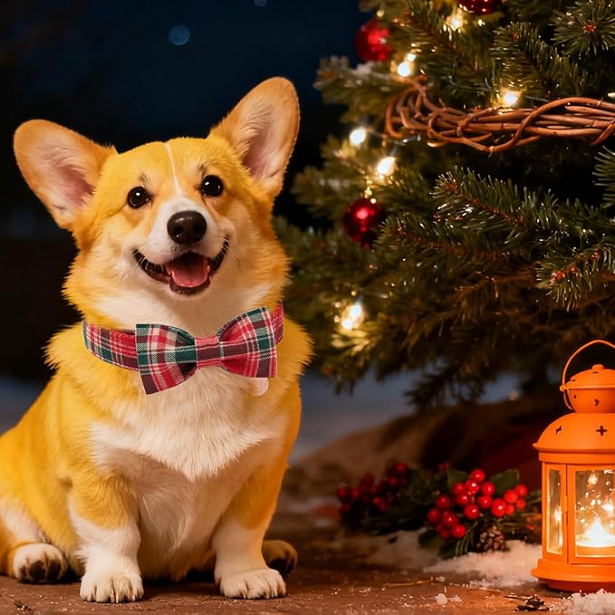 Christmas Plaid Dog Collar with Bow Tie– Adjustable Red & Green Checkered Dog Collar for Small Medium Large Dogs, Soft Xmas Plaid Puppy Collars with Quick Release Buckle M