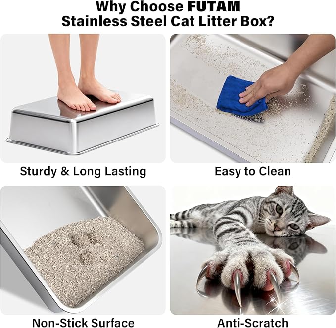 Stainless Steel Litter Box 2 Pack, XL Metal Litter Box with Lid, Extra Large Cat Litter Boxes for Big Cats with High Sides, Easy Cleaning, Non Stick, No Smell, Include Scoop and Mat