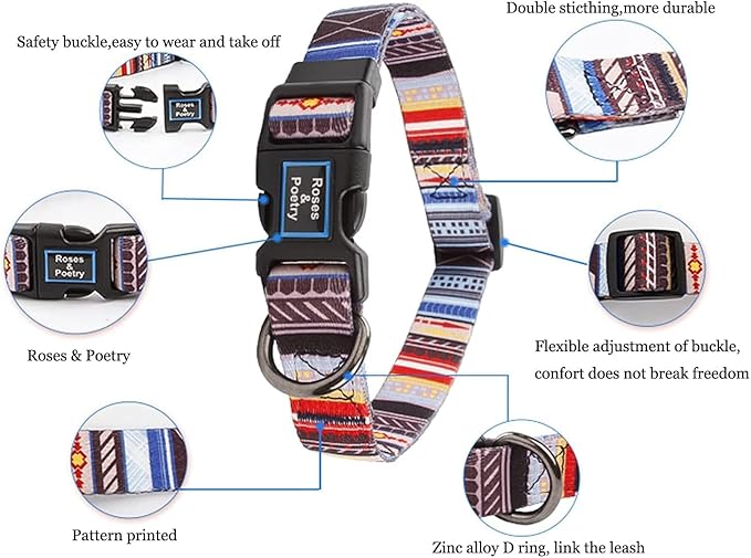 Roses&Poetry Dog Collar with Colourful Stripe Patterns, Adjustable Durable Puppy Collars for Small Medium Large Dogs (Stripe-XS)