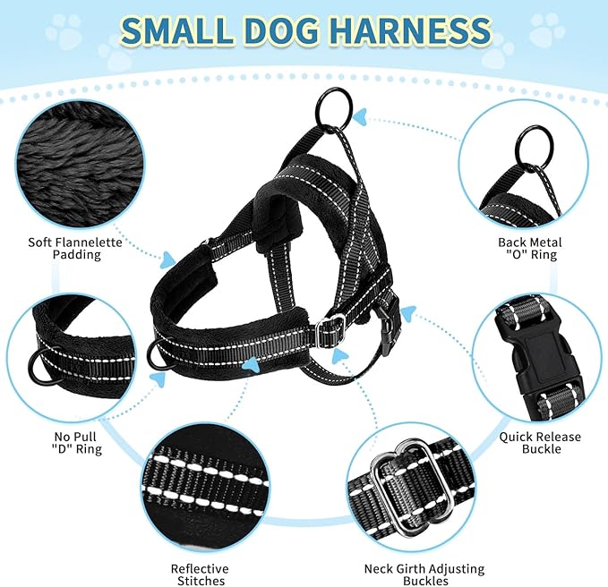 SlowTon No Pull Small Dog Harness and Leash Set, Puppy Soft Vest Harness Neck & Chest Adjustable, Reflective Lightweight & Anti-Twist Pet Lead Combo for Small Medium Dogs (Black, M)