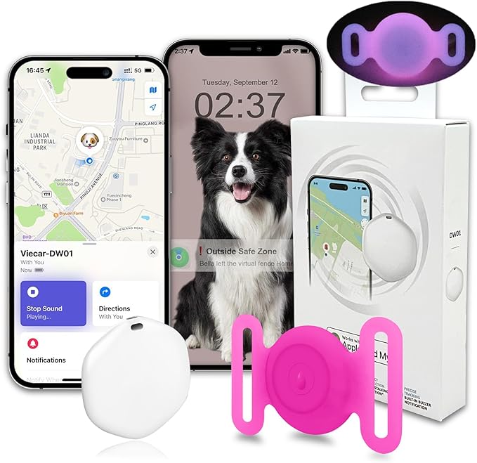 GPS Tracker for Dogs, Mini GPS Pet Tracker with Silicone Cover, IPX8 Waterproof GPS Tracker for Kids,No Monthly Fee,Work with Apple Find My(iOS Only),Dog Tracker Finder Tracker Pets-YGPink-4