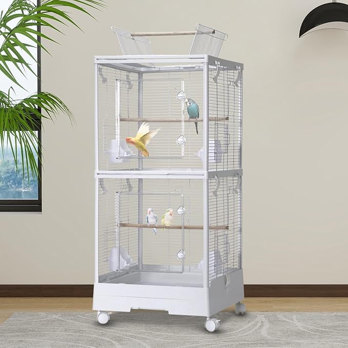 Garvee Small Bird Cage with Playground Stand, 44in White Travel Bird Cage for Parrot, 2-Level Acrylic Parrot Carrier for Medium Small Bird