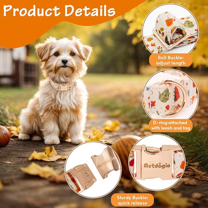 Autumn Dog Collar，Soft Cotton Handmade Pet Collar with Autumn Tea Party Design for Small Medium Large Dogs, Adjustable Collars for Fall Walks，Tea-Time Adventures & Fireside Snuggles -S