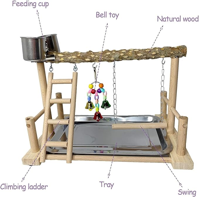 PINVNBY Bird Playground Birdcage Playstand Pet Bird Perch Platform Stand Parrot Play Gym Parakeet Cage Decor Budgie Perch Stand with Feeder Seed Cups Ladder Chew Toys for Small Animals Parrot Parakeet