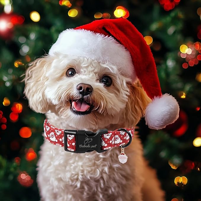 Christmas Dog Collar - Cute Red Santa Christmas Puppy Collar with Safety Buckle, Soft Adjustable Holiday Dog Collars for Small Medium Large Dogs XS