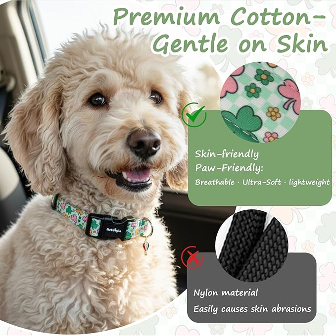 St. Patrick's Day Dog Collar,Puppy Collar with Lucky Shamrock Chequered Pattern,Adjustable Spring Cotton Collars Gifts for Small Medium Large Dogs,Dog Accessories S