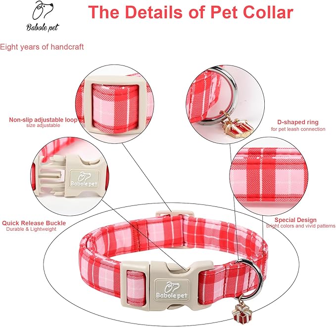 Plaid Dog Collar - Cute Red and Pink Plaid Puppy Collar with Safety Buckle, Soft Adjustable Holiday Dog Collars for Small Medium Large Dogs XL