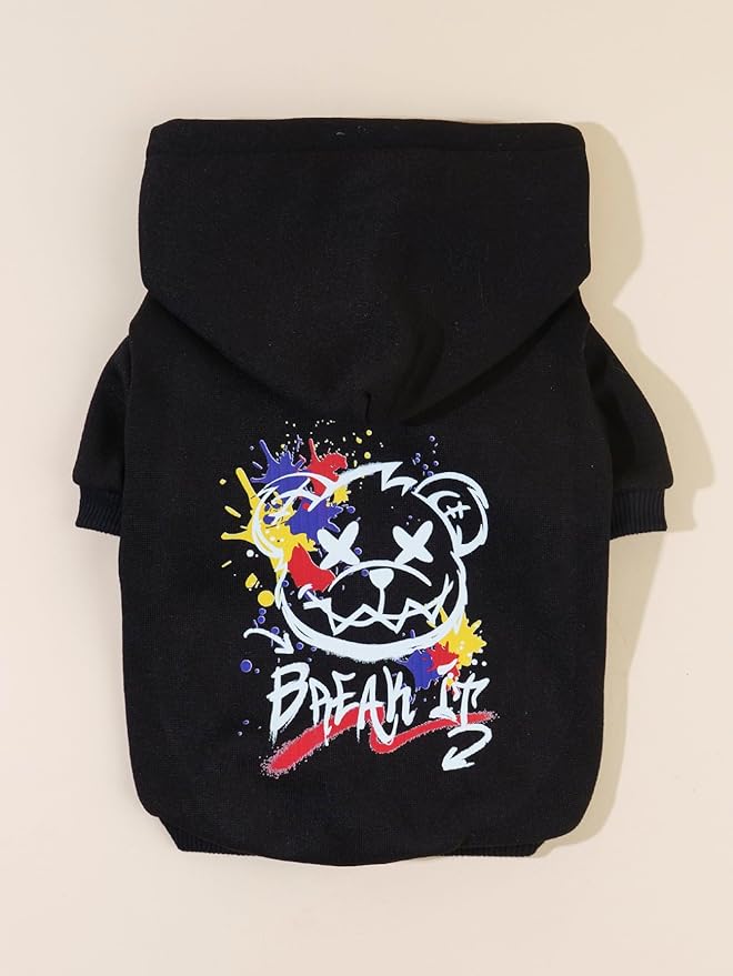 QWINEE Cartoon Bear Print Cat Hoodie Breathable Stretchy Sweatshirts with Hat Warm Cat Clothes for Small Medium Large Cats Dogs Multicolor S