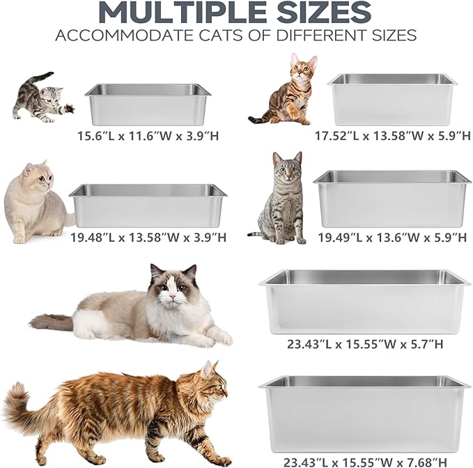 Kirecoo Stainless Steel Cat Litter Box - Metal High Sided Cat Pan, Large Stainless Steel Box, Indoor Litter Tray, Non Stick, No Smell, Easy to Clean, Pet Toilet Supplies for Kitten, Kitty, Rabbit