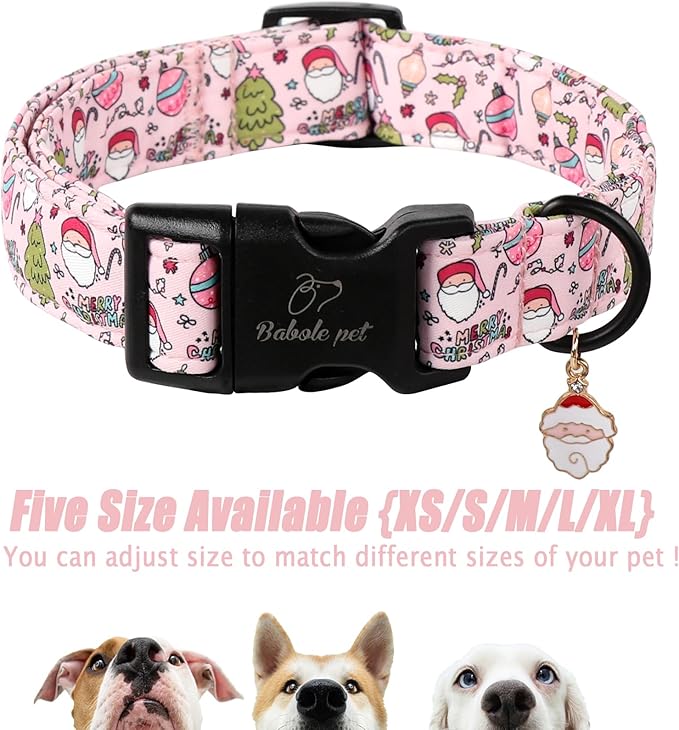 Christmas Dog Collar for Giant Large Dogs - Cute Santa Print Pink Christmas Collars for Dogs, Soft Adjustable Winter Holiday Dog Collars with Quick Release Buckle XL