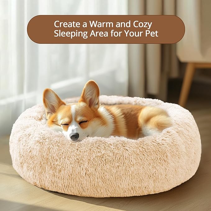 JOLLYVOGUE Calming Dog Bed Large Size Dog, Anti-Anxiety Donut Large Pet Bed, 36 inches Fluffy Faux Fur Round Cat Bed, Fits up to 75 lbs Pets (Off White)