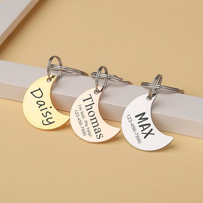 Anavia Personalized Pet ID Tags, Stainless Steel Glossy Laser Engraved Dog Cat Collar Name Tags, Multiple Colors Shapes Sizes (Moon, Regular)
