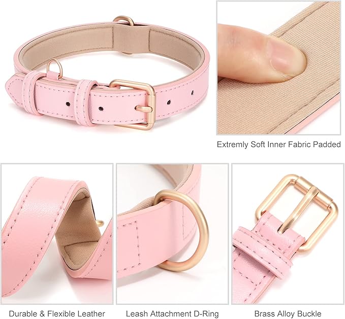 WHIPPY Leather Dog Collar for Small Medium Large Dog Adjustable Soft Breathable Leather Padded Puppy Collar with Alloy Buckle Heavy Duty Waterproof Classic Dog Pet Collar,Pink,M