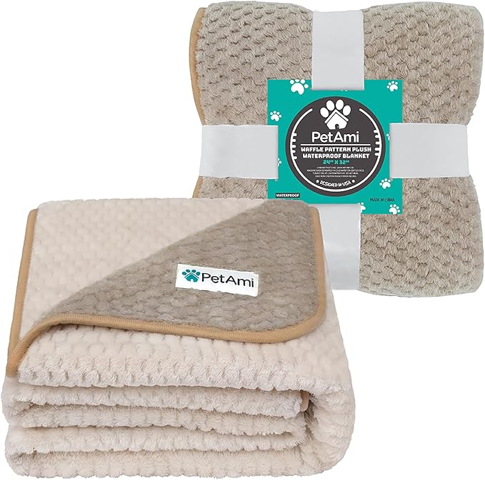 PetAmi Waterproof Dog Blanket, Leakproof Puppy Blanket for Small Medium Dog, Furniture Sofa Couch Cover Protector, Fleece Pet Throw Indoor Cat Kitten, Reversible Washable Soft Plush, 24x32 Taupe Beige