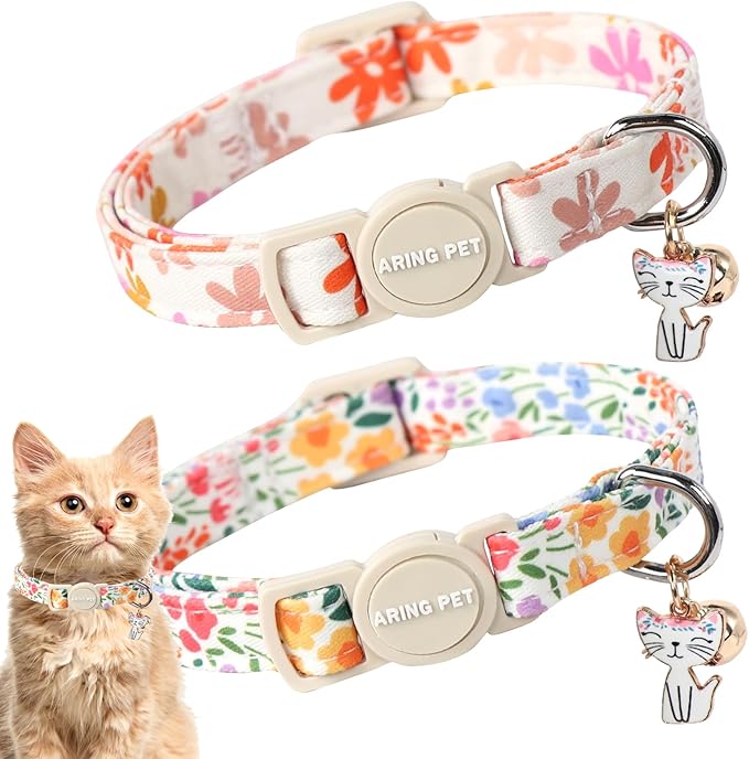 ARING PET 2 Pack Cat Collars-Cute Breakaway Cat Collar with Bell & Pendant, Adjustable Floral Pattern Female Kitten Collars with Safety Buckle for Girl and Boy Cats