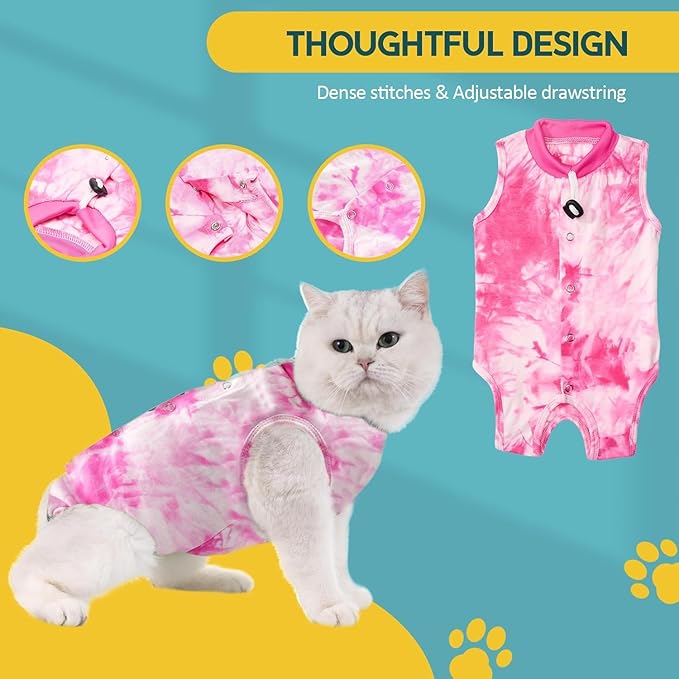 Avont Cat Recovery Suit - Kitten Onesie for Cats After Surgery, Cone of Shame Alternative Surgical Spay Suit for Female Cat, Post-Surgery or Skin Diseases Protection -Tie-dye Pink(S)