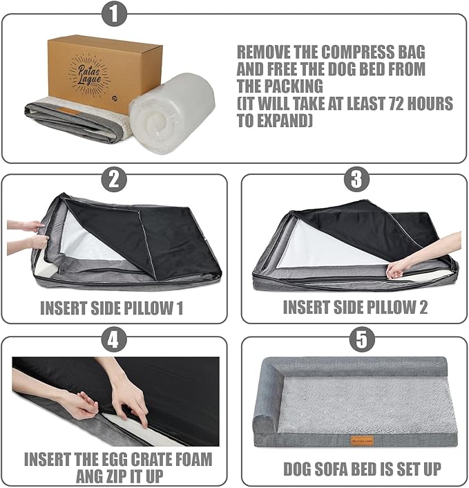 Patas Lague Orthopedic XL Dog Bed Large Sized Dog 42''X28'', Waterproof L Bolster Big Pet Sofa Beds with Removable Washable Cover, Soft Comfortable Pet Couch Crate Mat with Nonskid Bottom, Purple