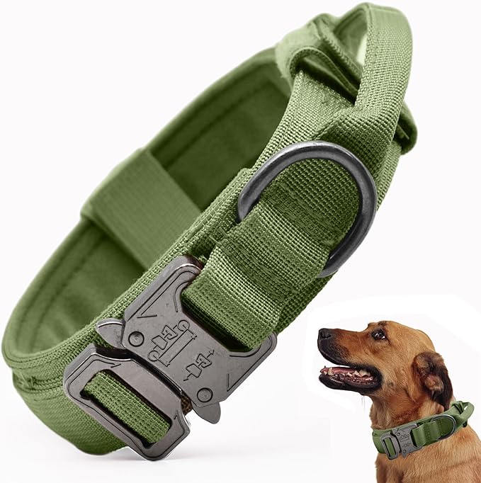 Tactical Dog Collar, Adjustable Military Training Nylon Dog Collar with Control Handle and Heavy Quick-Release Metal Buckle for Small Medium Large Dogs, Green M