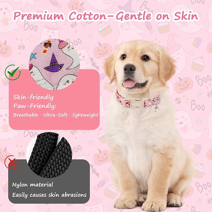 Halloween Dog Collar, Fall Dog Collars for Medium Dogs, Cute Pink Puppy Collar with Adorable Ghost & Pumpkin Design, Soft Cotton Medium Dog Collars Girl Boy Dog Collar-M