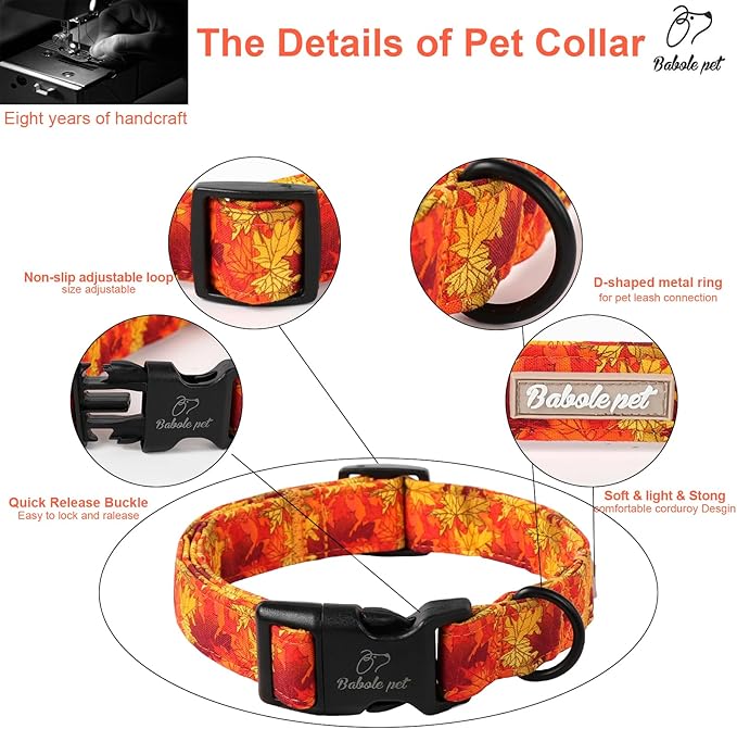 Fall Dog Collar, Gold Maple Leaves Pattern Fall Thansgiving Puppy Collar, Soft Adjustable Cotton Holiday Dog Collars for Small Medium Large Boy&Girl Dogs L