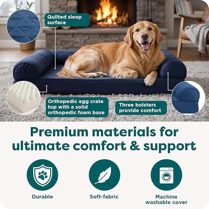 Furhaven Orthopedic Dog Bed for Large Dogs w/ Removable Bolsters & Washable Cover, For Dogs Up to 95 lbs - Quilted Sofa - Navy (Blue), Jumbo/XL