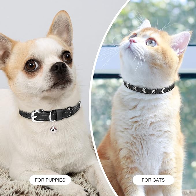 Leather Cat Collars for Boy Girl Cats with Bell and Safety Elastic Belt, Personalized Star and Moon Stud Adjustable Safe Buckle Collar for Kitty Small Big Cats Size 8-12 Inch, Black