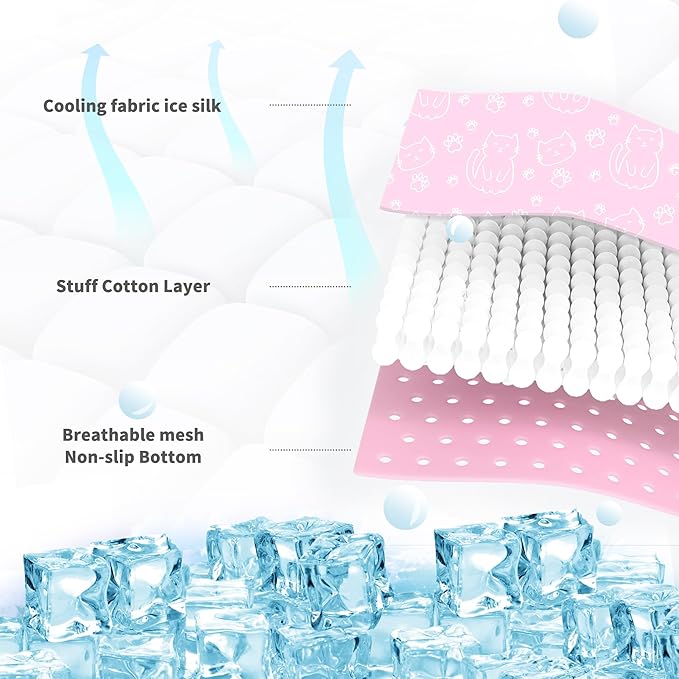 NWK Pack of 4 Pet Cooling Mat - Ice Silk Cooling Mat for Dogs & Cats Portable & Washable Pet Cooling Blanket, Car Seats, Beds for Summer (4pcs, Pink Cat, 27’’ X 20’’ X 0.3)
