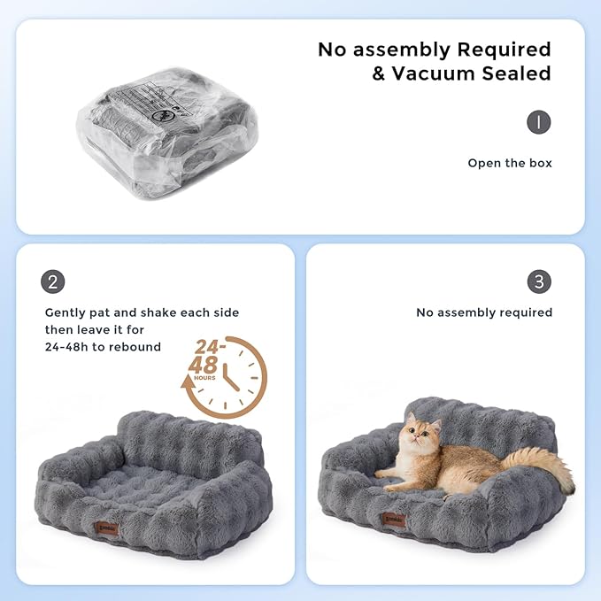 Small Dog Sofa - Orthopedic Cat Sofa Bed for Indoor Cats, Fluffy Faux Fur Dog Couch with Supportive Egg Foam, Cute Pet Couch Bed Removable Washable Cover and Non-Slip Bottom, Ivory White