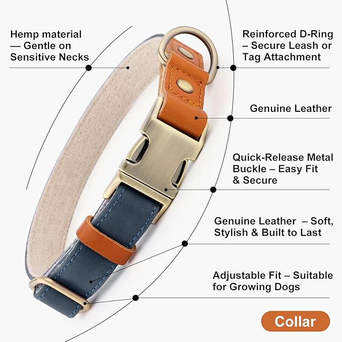 Plutus Pet Genuine Leather & Hemp Dog Collar – Adjustable Heavy Duty Pet Collar with Quick Release Metal Buckle, Soft & Stylish for Puppy and Small, Medium, Large Dogs (Blue, L)