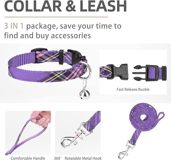 PUPTECK Adjustable Dog Harness Collar and Leash Set Step in No Pull Pet Harness for Small Medium Dogs Puppy and Cats Outdoor Walking Running, Soft Mesh Padded Reflective Vest Harnesses, Purple XXS