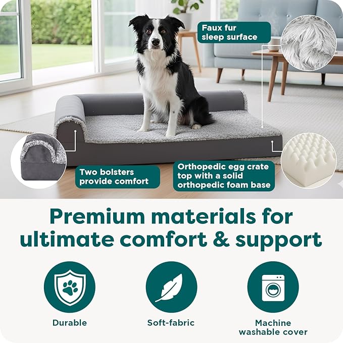 Furhaven Orthopedic Dog Bed for Large Dogs w/ Removable Bolsters & Washable Cover, For Dogs Up to 95 lbs - Plush & Velvet L Shaped Chaise - Deep Sapphire, Jumbo/XL