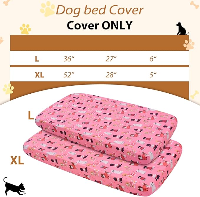 Replacement Dog Bed Covers Elastic Edged Washable Pet Bed Protector with Pink Dog Pattern Design for Medium & Large Pet Beds, Cover Only (Pink, 36" L x 27.0" W x 6.0" Th)