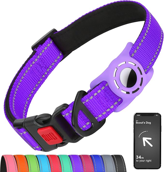 Airtag Dog Collar with AirTag Holder for Medium Dogs, Reflective, Soft Padded & Safety Locking Buckle, Nylon Pet Collars Adjustable for All Breeds, Purple,M