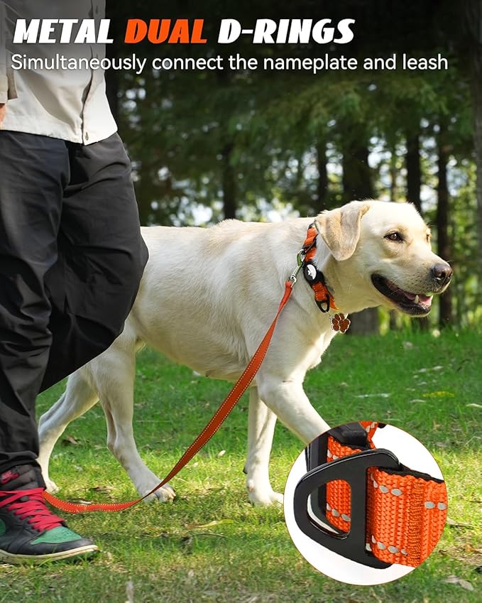 Joytale Airtag Dog Collar, Reflective Pet Collar with Waterproof AirTag Holder, Dual D-Rings, Soft Padded Adjustable for Extra Large Dogs, Orange, XL