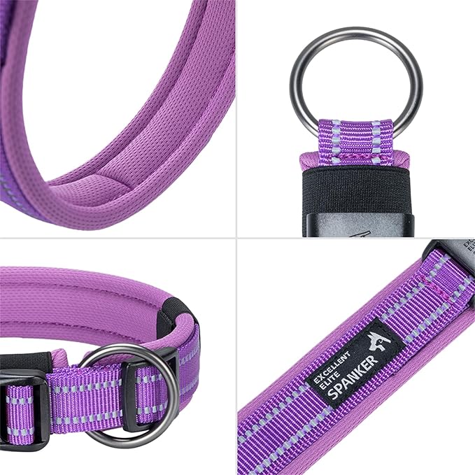 EXCELLENT ELITE SPANKER Reflective Dog Collar Classic Soft Padded Breathable Nylon Adjustable Pet Collar with Quick Release Buckle for Boy Girl Male Female Small Medium Large Dogs Training(Purple-S)