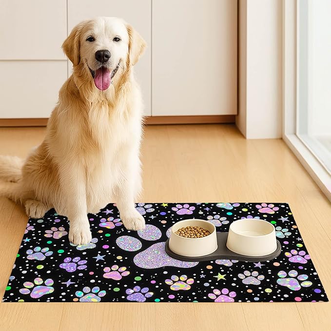 Pet Feeding Mat 24x16 inch Glitter Paw Print Pet Bowl Placemat Non Slip Floor Mat for Food and Water Indoor Pet Feeding Station Cute Meal Pad for Small Cats and Dogs Kitchen Use