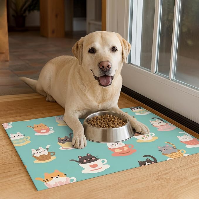 Cat Feedings Mats 20x12 inch Teacup Cat Print Pet Bowl Placemat Non Slip Mat for Cats Food and Water Indoor Kitty Feeding Station Cute Cats Meal Mat for Small Pets Kitchen Floor Use