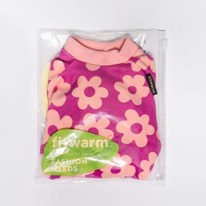Fitwarm Flower Fleece Dog Pajamas, Warm Winter Dog Clothes for Small Dogs Girl, Cozy Pet Onesie with Feet, Pink, Medium