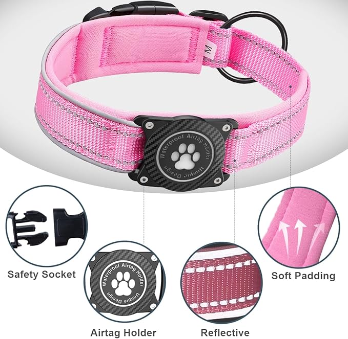 Airtag Dog Collar with Waterproof Air Tag Holder, Luminous Reflective, Soft Padded, Adjustable Nylon Pet Collar for Small Medium Large Heavy Duty Dogs,Pink, M