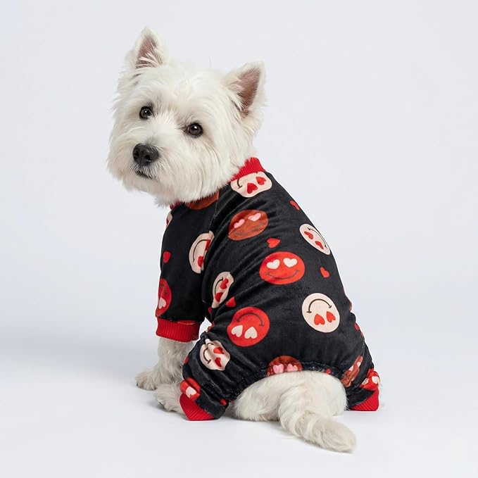 Fitwarm Hearts Eyes Smily Face Dog Pajamas, Cozy Valentines Outfit for Small Dogs Boy Girl, Festive Pet Clothes, Black, Red, Large