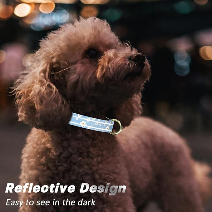 Reflective Dog Collar for Large Dogs, Cute Daisy Theme Adjustable Heavy-Duty Nylon Puppy Collar for Boy and Girl Female, Soft Pet Accessories with Quick Release Buckle, Neck 16-24", Blue