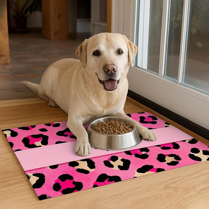 Puppy Feeding Mat 20x12 inch Pink Leopard Print Dog Bowl Placemat Non Slip Mat for Pet Food and Water Small Dog Feeding Area Indoor Puppy Feedings Station Pet Meal Mats for Kitchen