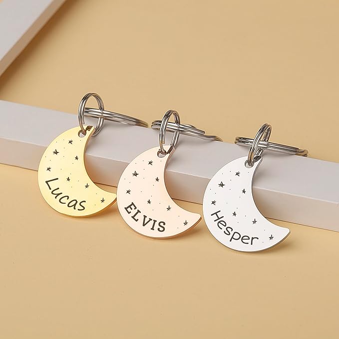 Anavia Small Size Dog Cat ID Tags, Small/XS Personalized Color Plated Stainless Steel Puppy Kitten Name Tags, Customized Engraved Nameplate Pet Collar Tag (Rainbow, Moon)