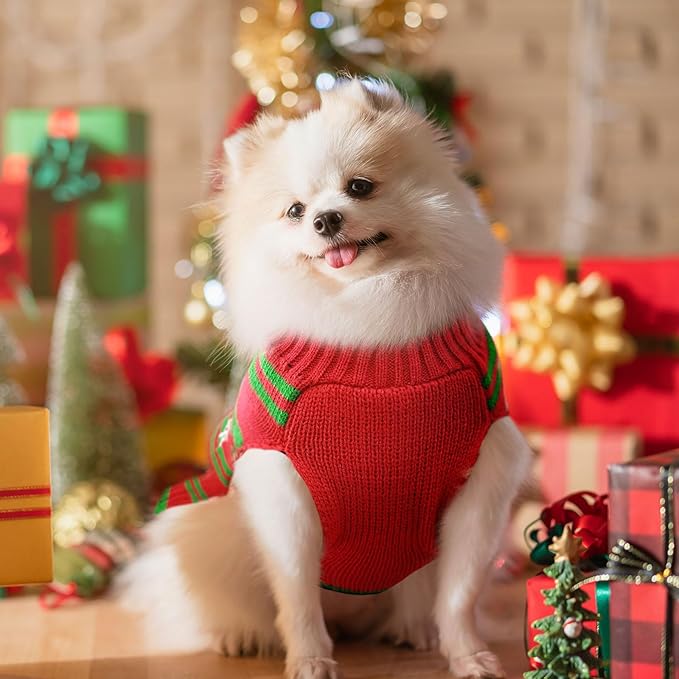 Dog Christmas Sweater Cute Snowman Puppy Cat Costume Boy Girls Xmas Holiday Pet Clothes New Year Outfits Gifts for Small Medium Large Dogs (XS, Red Green Stripe Snowman)