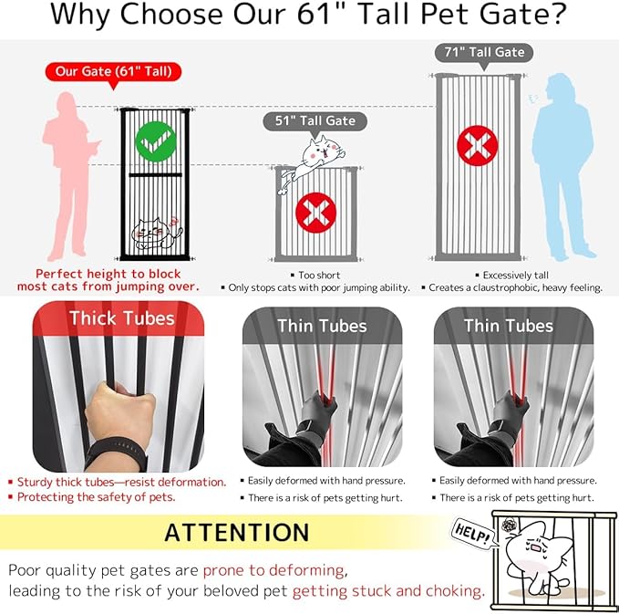 Lumizone Extra Tall Cat Gate 61.02" High Pressure Mounted Extra Wide 55.12"-59.24" (17Sizes) 1.37" Gap No Drilling Auto-Close Tall Pet Gate for Dogs (Black, 55.12"-59.24" W)