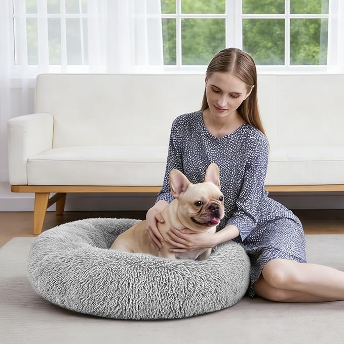 MIXJOY Calming Cat Beds for Indoor Cats, 20'' Kitten Donut Bed for Pet Up to 15lbs, Fluffy Small Cat Cuddler Bed, Anti-Anxiety Plush Faux Fur Large Cat Bed Washable (20'', Grey)
