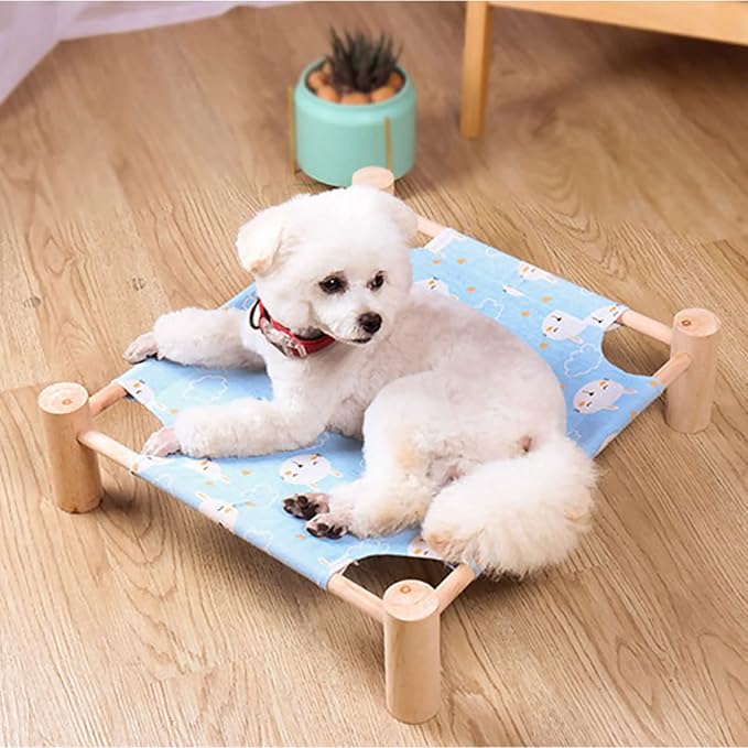 Pozico Cat & Dog Hammock Bed – Wooden Elevated Pet Cot with Breathable Mesh – Raised Cat Bed for Small Pets, Portable Puppy Bed Indoor & Outdoor Use – Blue Rabbit Design