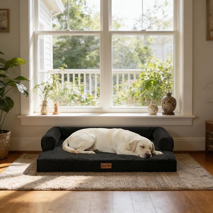 Orthopedic Dog Beds for Large Sized Dogs, Waterproof Egg Crate Foam Large Dog Couch Beds with Comfy Bolster 36x27Inch, Washable Pet Beds with Removable Cover and Nonskid Bottom, Black